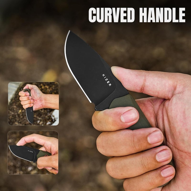 KIZER Beaver Fixed Blade Knife with Sheath, 2.75" D2 Blade EDC Camping Fixed Blade Knife with Olive Green G10 Handle, Small Bushcraft Survival Knives, Outdoor Hunting Knives for Men Women, 1078A1 - Image 5